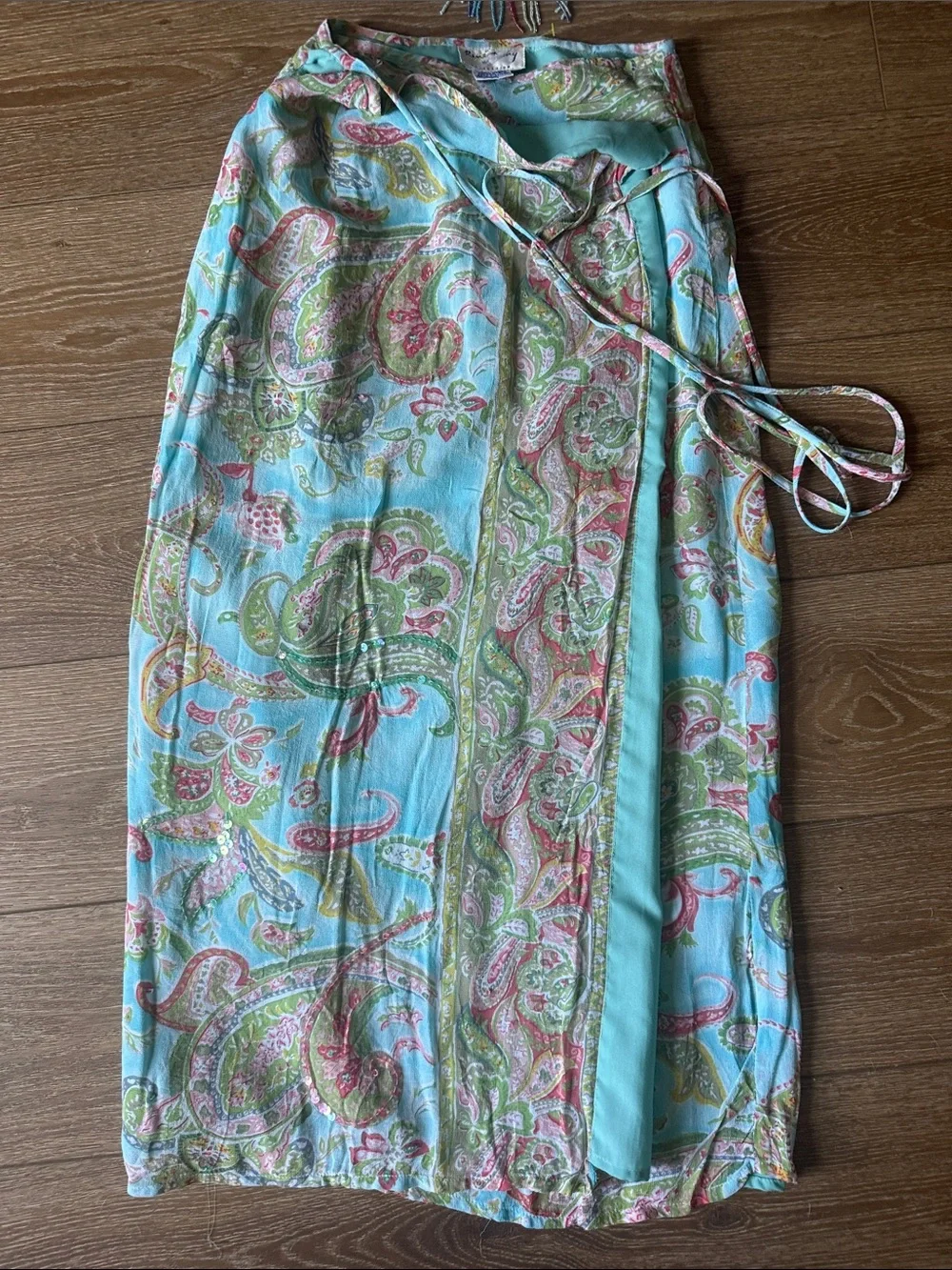 Vintage Turquoise Paisley Two-Piece Set - Fringe Crop Top & Wrap Skirt